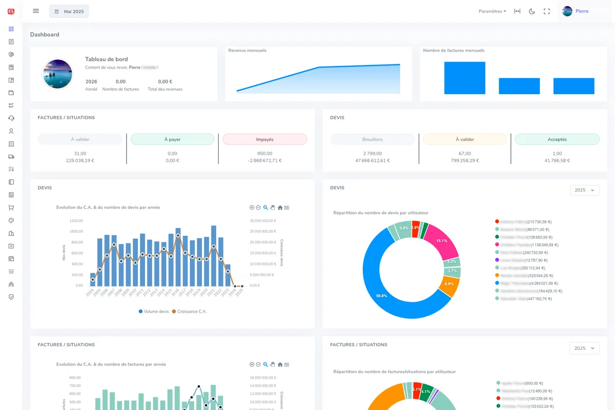 Dashboard EdilSync — Pilotage de chantiers et suivi des marges en temps réel